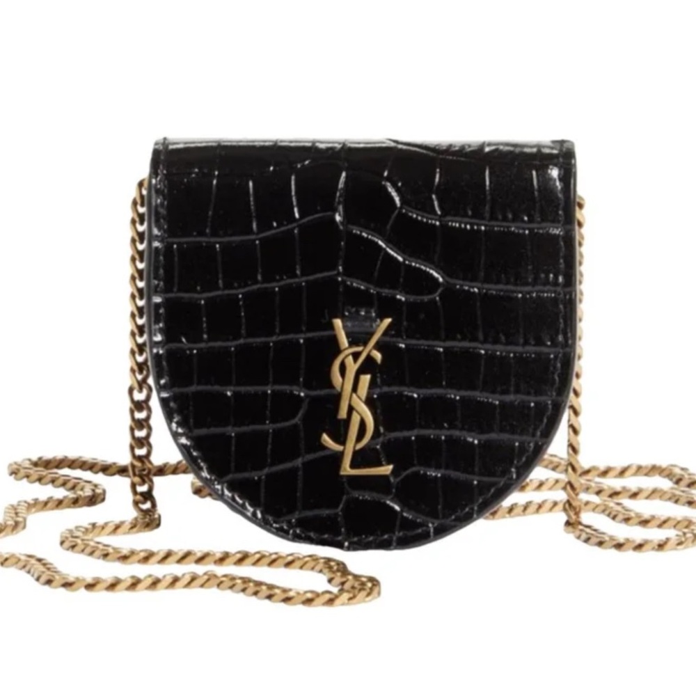 Yves Saint Laurent Black Croc Crossbody with Gold Chain